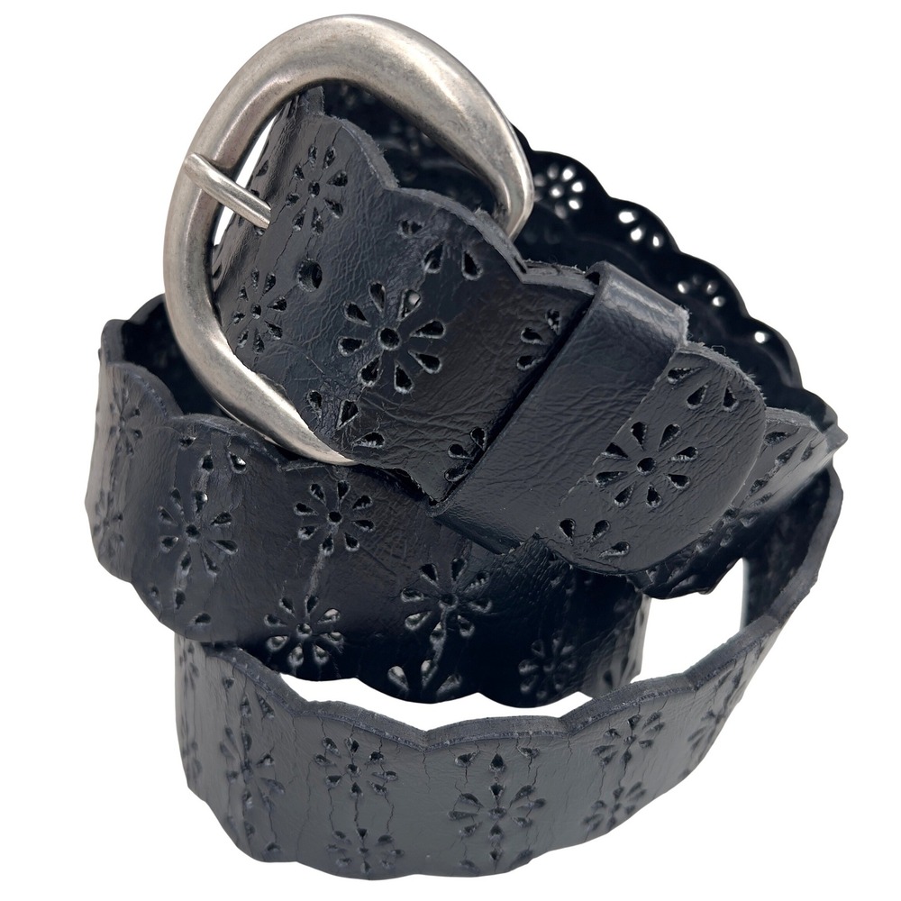 Womens Black Leather Floral Cutout Belt Silver Buckle Scalloped Size L